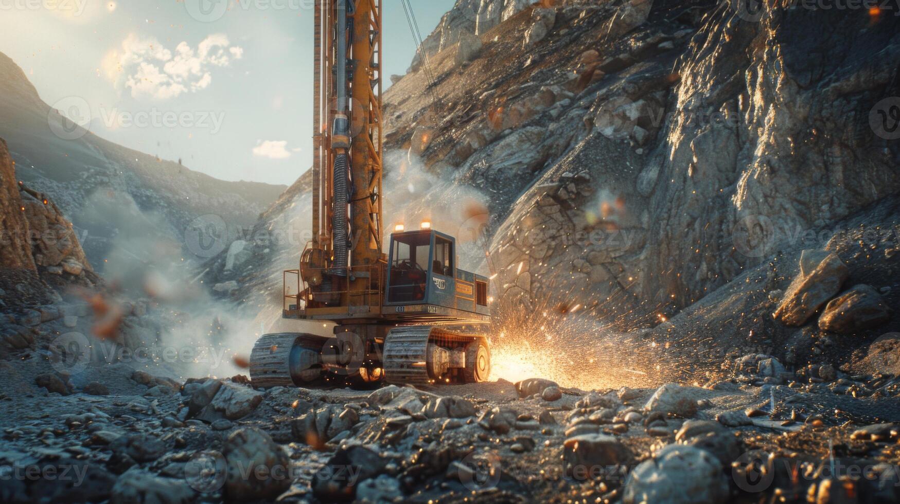A powerful drilling machine is engaged in excavation work on a rugged mountainside under a clear sky, sending rocks flying and producing bright sparks in the afternoon sun. photo