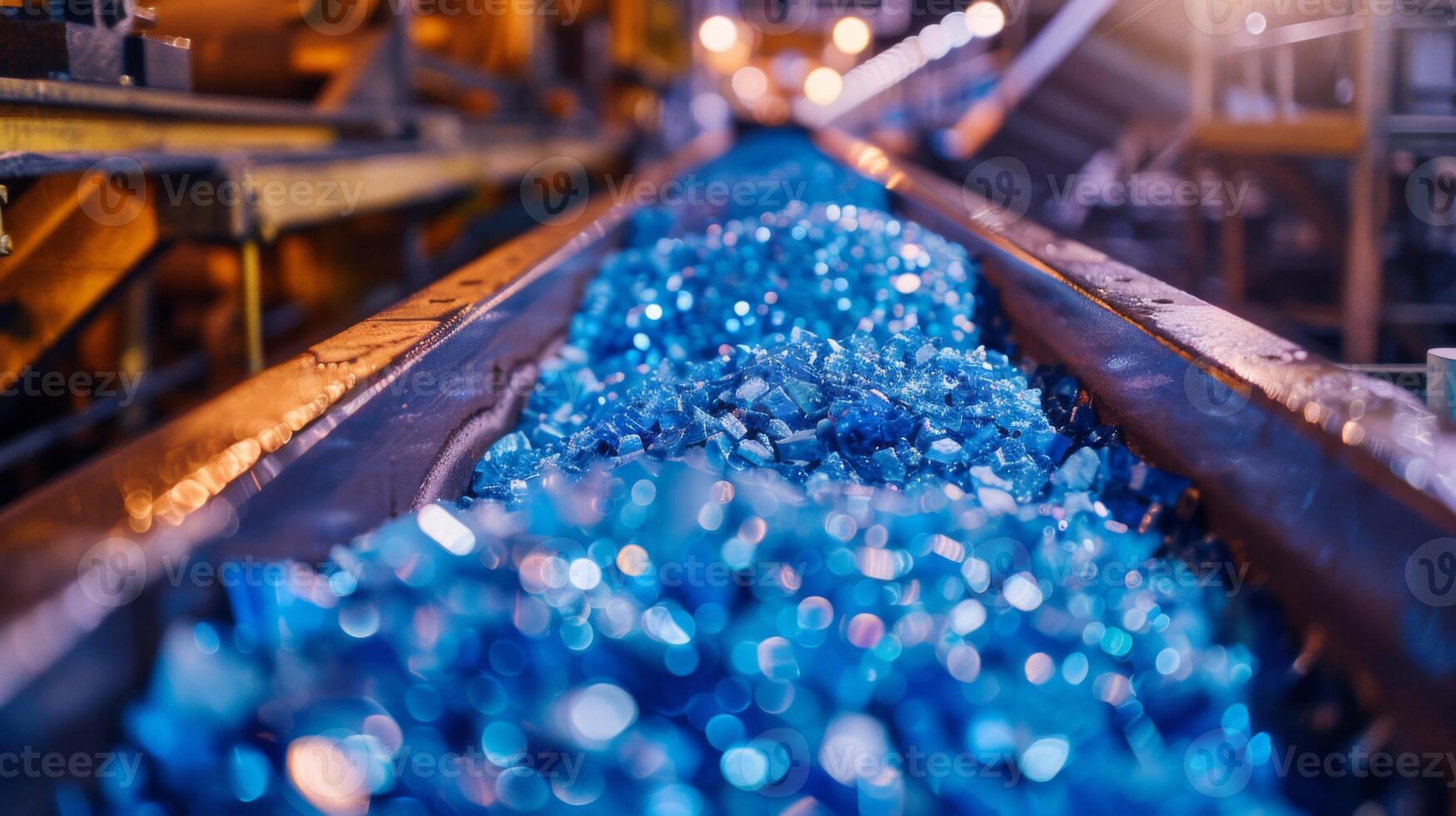 Bright blue pieces of recycled glass move along a conveyor belt in a busy industrial facility, reflecting light as workers carefully monitor the sorting process during the afternoon. photo