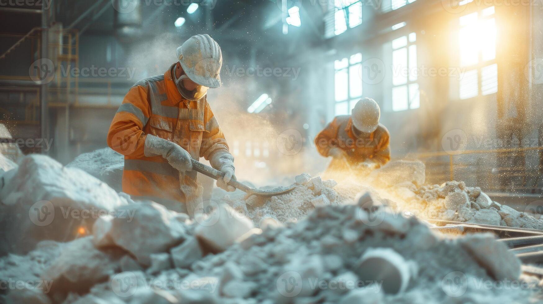 Two construction workers in safety gear are actively shoveling and processing stone debris in a bright industrial environment during the day, showcasing the hard work involved. photo
