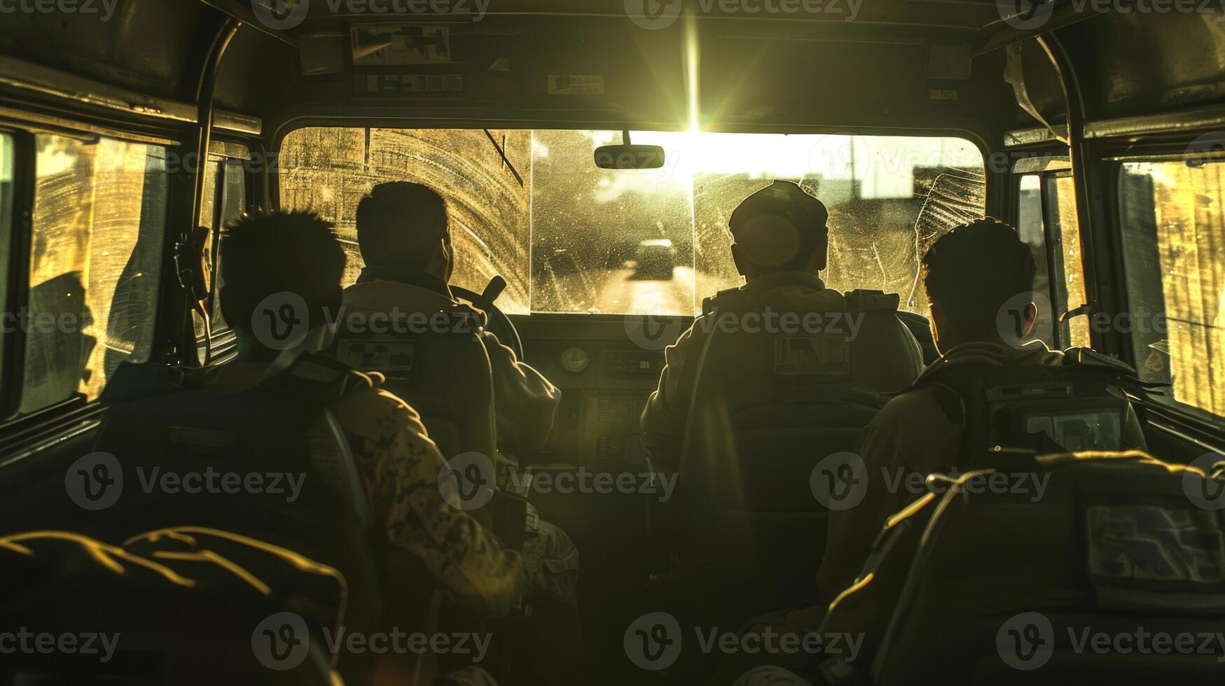 Four soldiers sit in a military vehicle, facing forward as the sun sets in the background, casting warm light and shadows inside the vehicle. photo