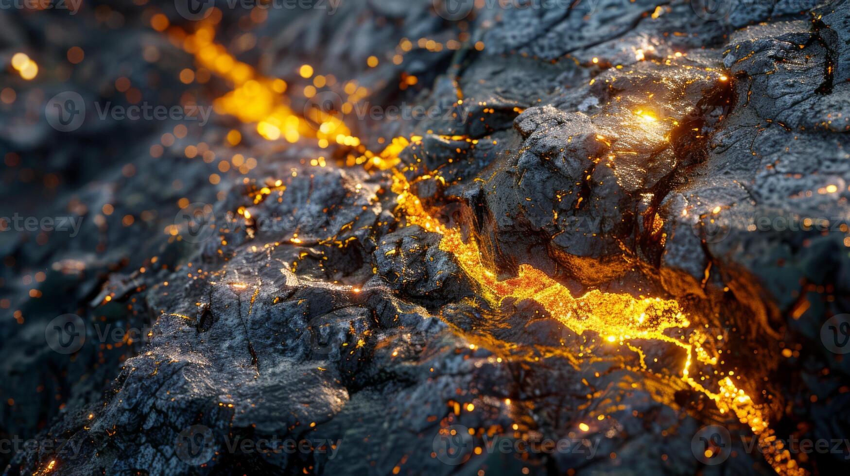 Bright orange lava streams through dark rocky surfaces, creating stunning contrasts and highlighting the intense heat and energy released during a volcanic eruption. photo