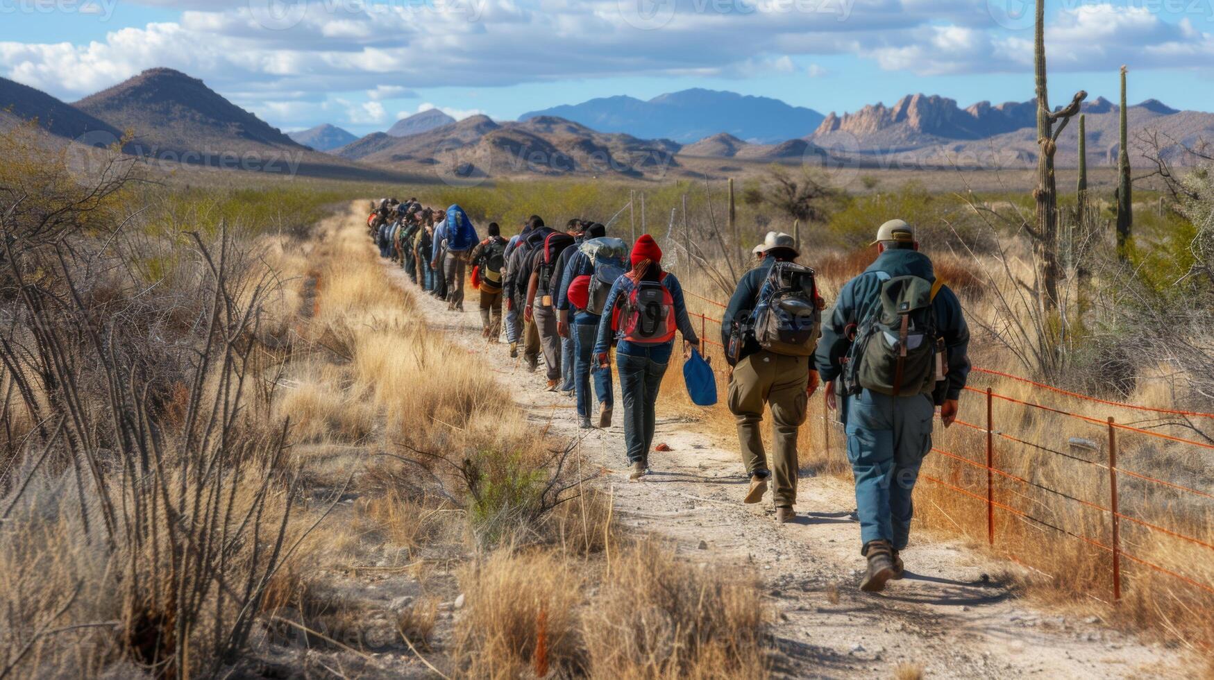 A diverse group of hikers walks along a dirt path surrounded by desert vegetation, mountains in the background, and a mix of clouds above during the sunny afternoon. photo