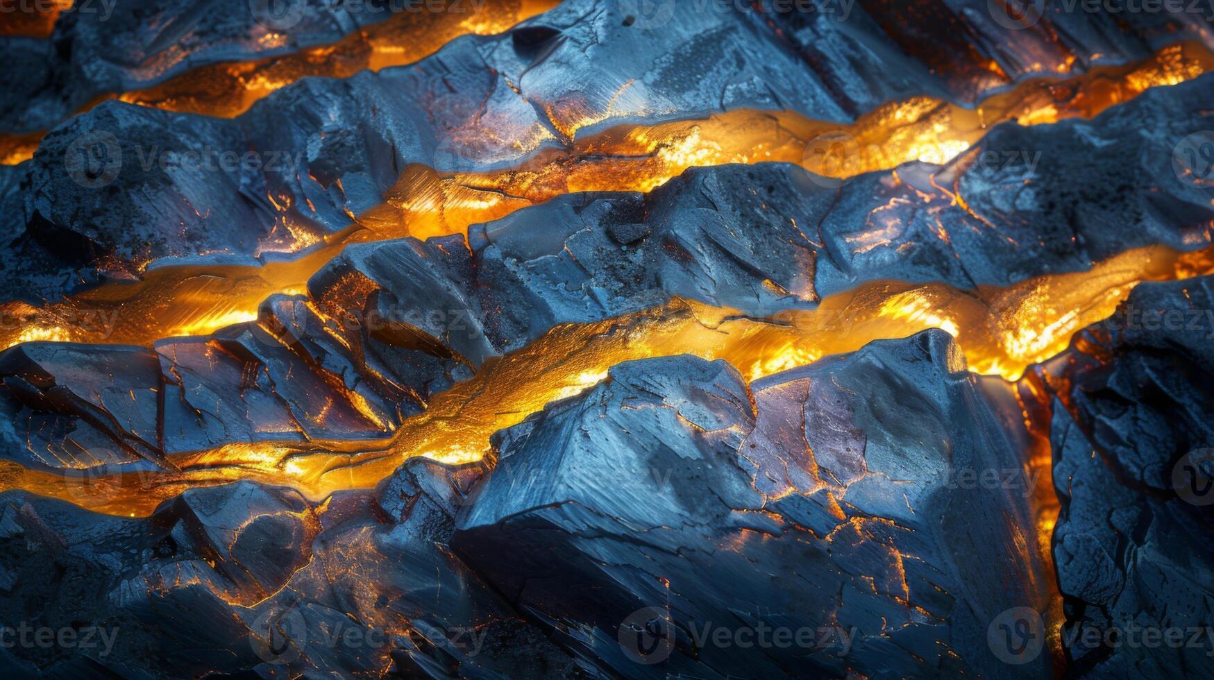 Glowing cracks of lava flow break through dark volcanic rock in a remote area, showcasing intense heat and geological activity during nightfall. photo