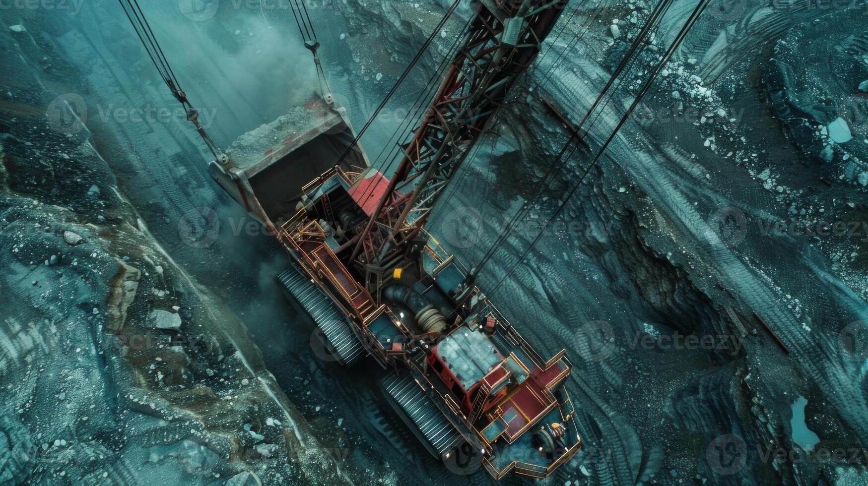 A large excavator works tirelessly in an open pit mining area, efficiently removing earth and rock while surrounded by steep walls and heavy machinery, emphasizing the scale of the operation. photo