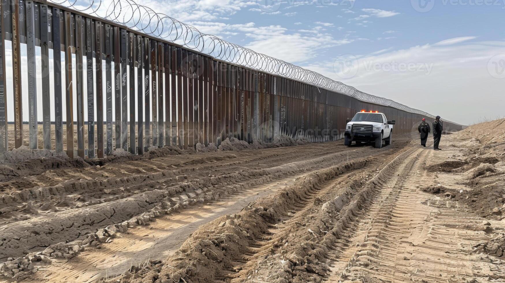 Border patrol personnel evaluate the terrain next to the border wall, with a white vehicle parked nearby on a muddy, uneven dirt path, indicating recent activity. photo