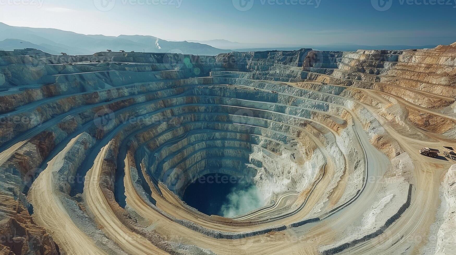 A vast open pit mine reveals its impressive layered structure under bright daylight, with machinery and equipment working in the expansive canyon carved into a mountain landscape. photo