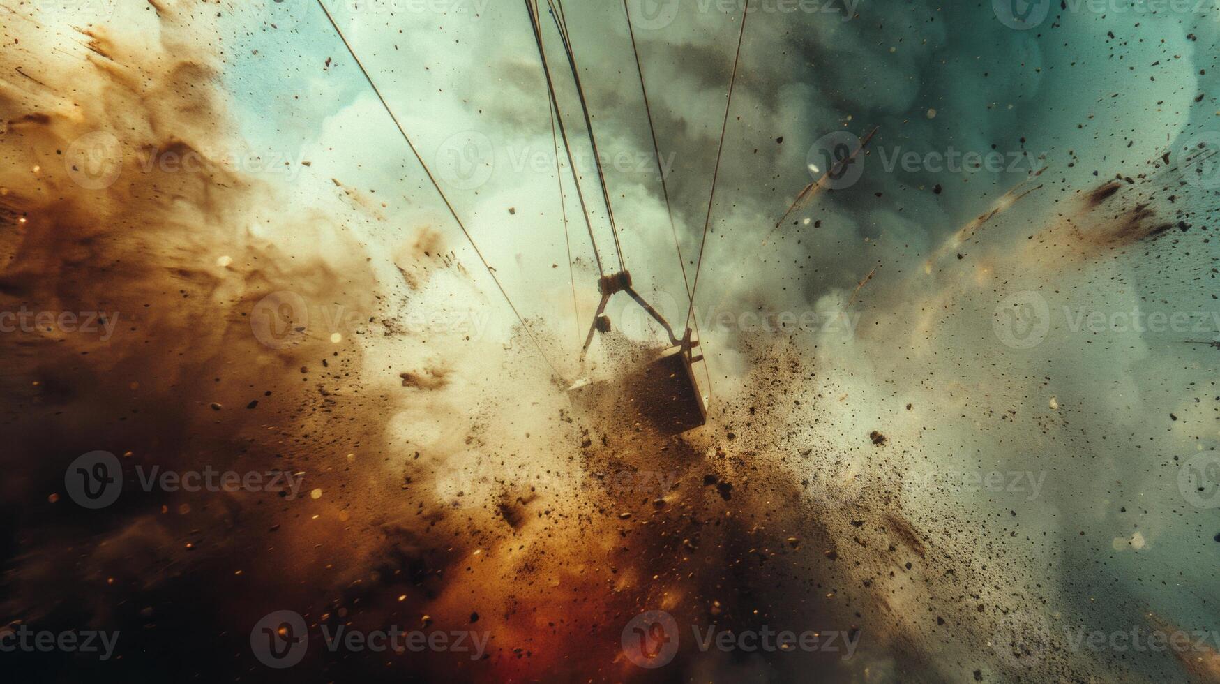 Powerful explosion creates a whirlwind of smoke and color, with debris scattered and the force of the blast visible. The chaotic display of energy captivates attention. photo
