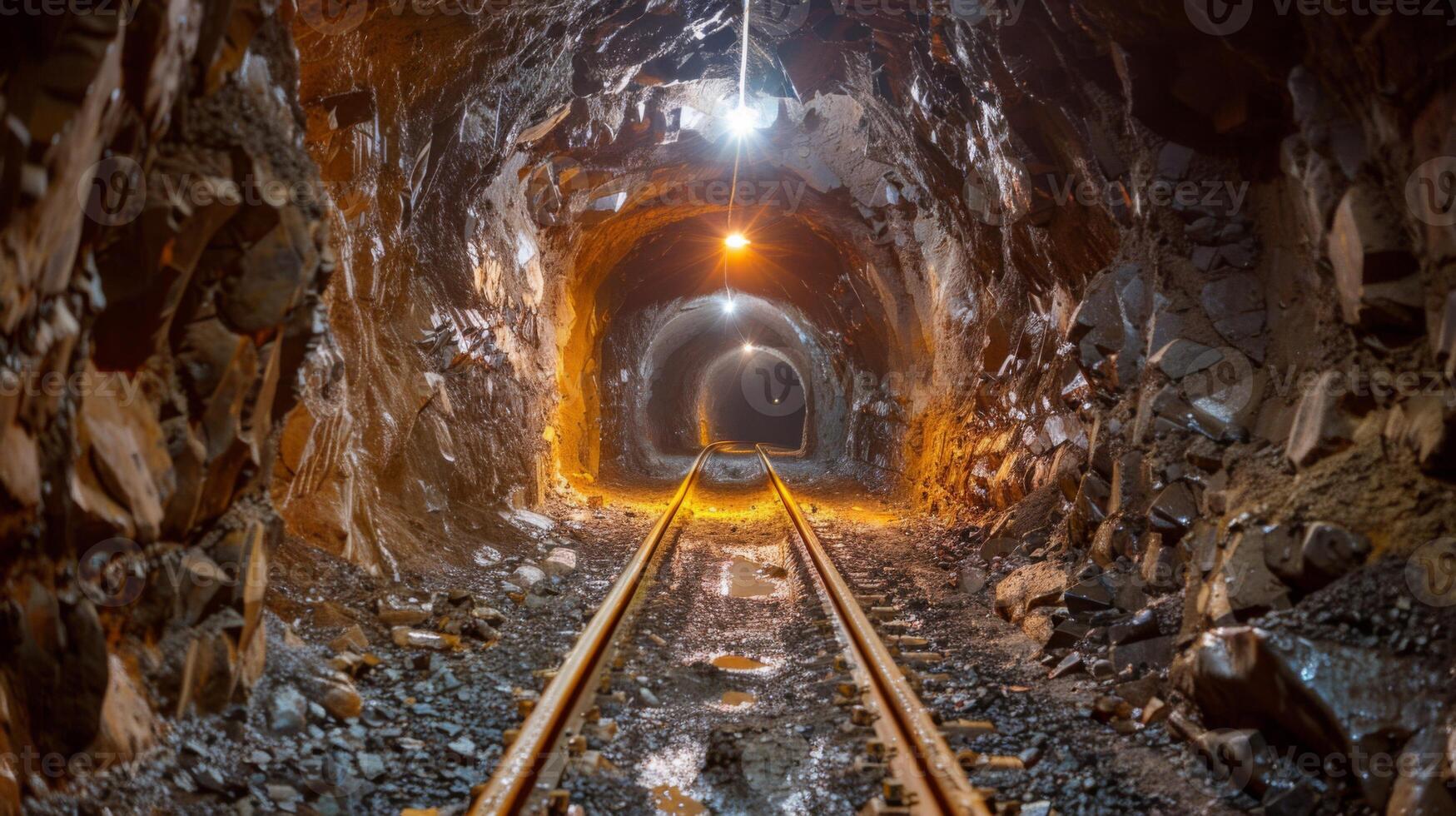 Inside a dark underground mine, illuminated by overhead lights, train tracks stretch into the distance amidst rough stone walls and puddles, creating an atmosphere of mystery. photo