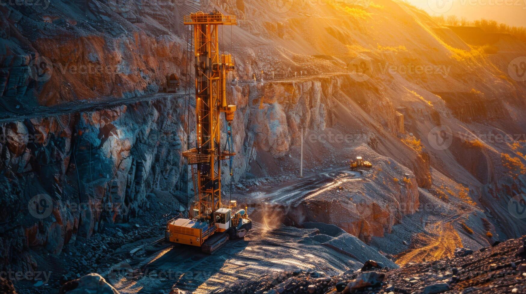 A large drilling machine works vigorously in a quarry at sunset, breaking through rocky terrain while another vehicle moves along the path, kicking up dust. photo