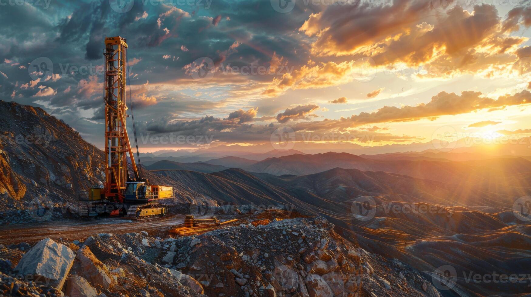 A drilling rig stands prominently on rugged terrain as the sun sets behind distant mountains, casting warm light across the sky filled with vibrant clouds. photo