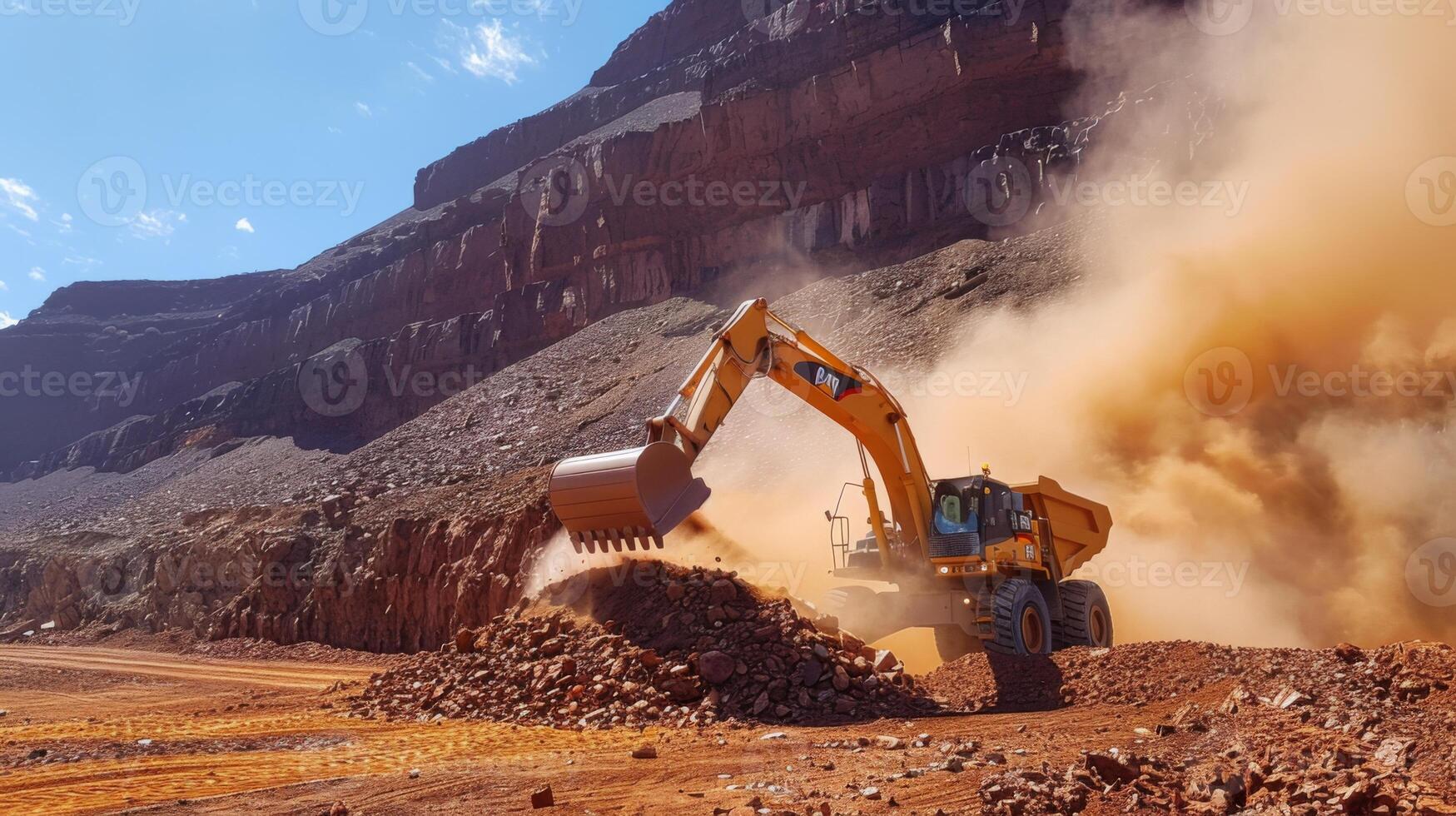 A large excavator operates in a rocky quarry, lifting and relocating debris amidst clouds of dust kicked up by its movement under the bright sun. photo