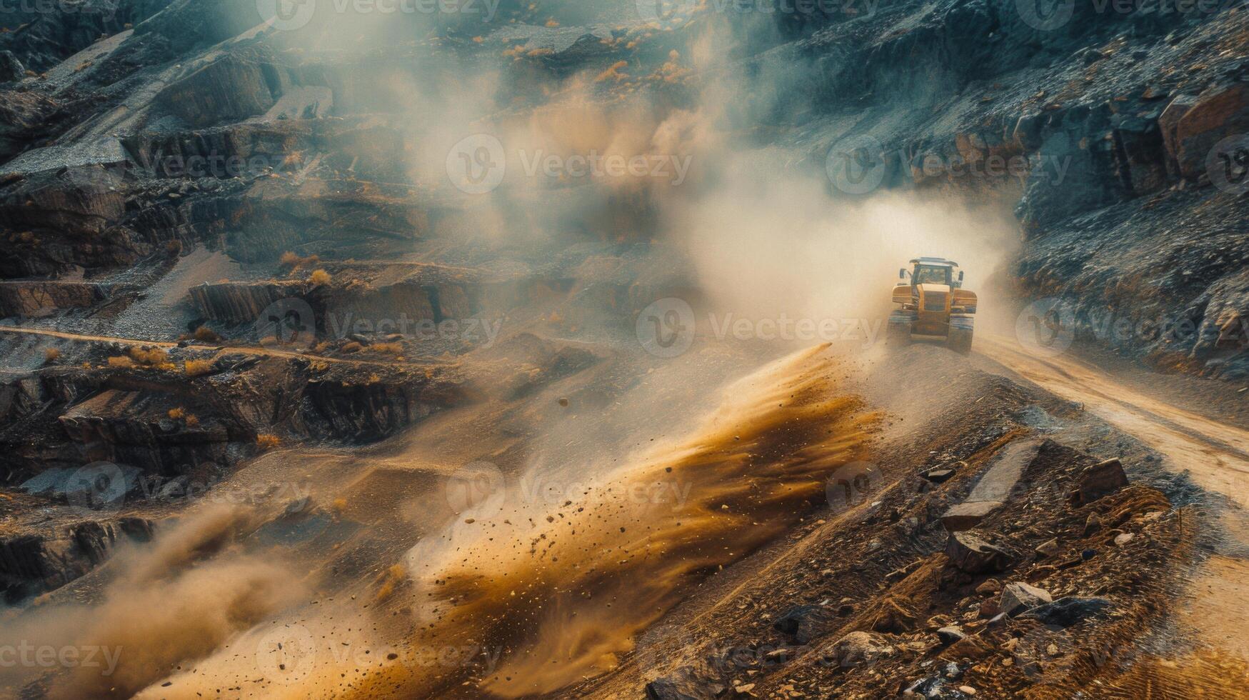 Dust rises as a large truck navigates a rugged quarry during sunset, highlighting the busy extraction process in the mining industry with vivid colors and textures. photo