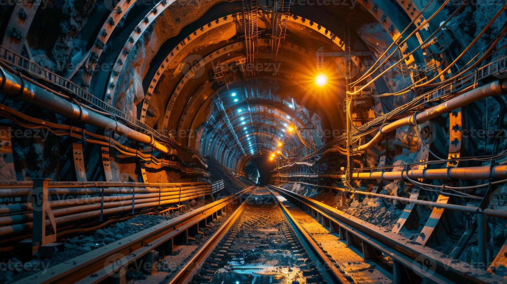 A dark tunnel stretches into the distance, illuminated by warm orange lights. Railway tracks run through the center, surrounded by pipes and rugged walls, creating a moody, industrial atmosphere. photo