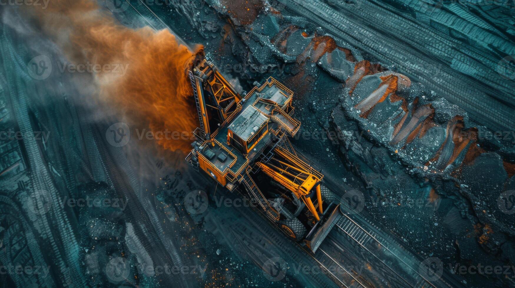 A large excavator operates in an open pit mine while extracting minerals as dust and debris are kicked up against a dusk backdrop, highlighting industrial activity and rugged terrain. photo