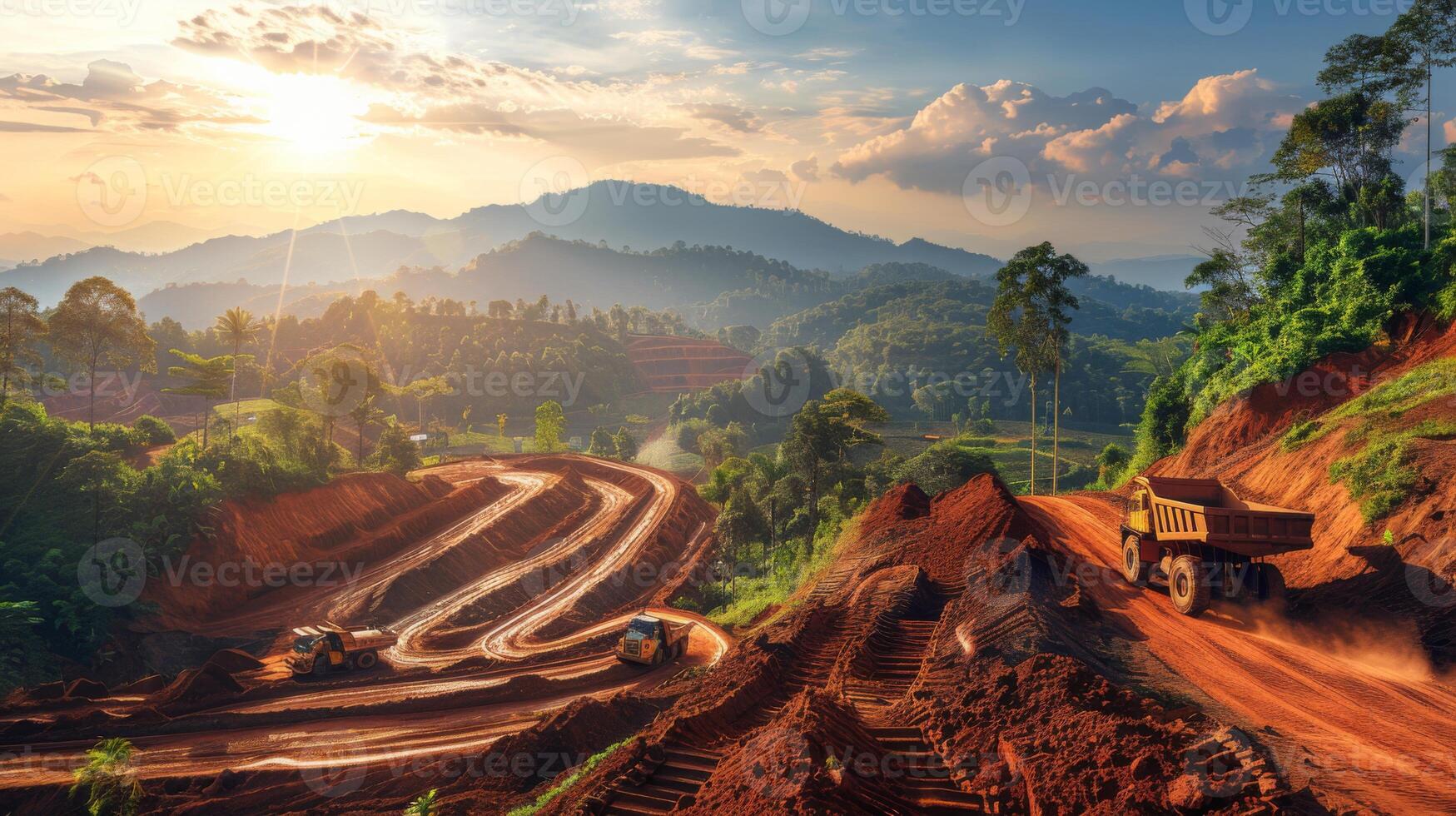 Construction work is in progress on a mountainous terrain as heavy machinery moves dirt and enhances the landscape, illuminated by a stunning sunset. photo
