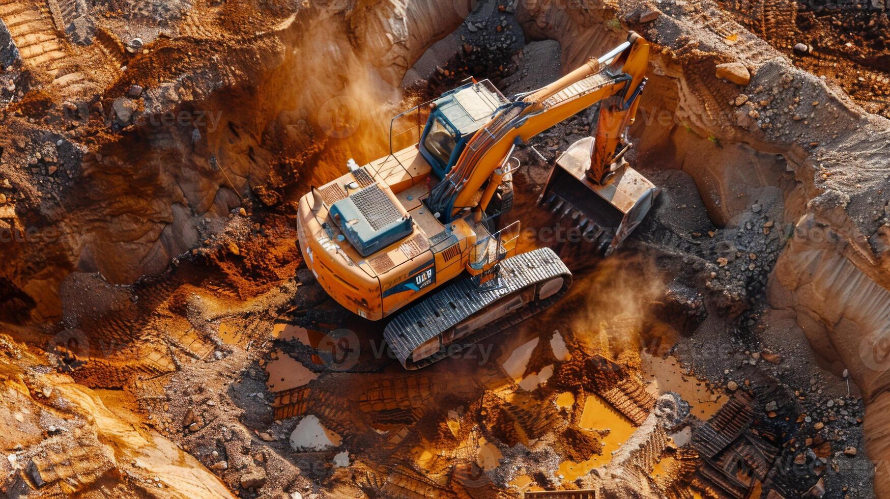 A powerful excavator works diligently in a construction site, moving earth and debris. Dust clouds rise, highlighting the active quarry environment under clear blue skies. photo