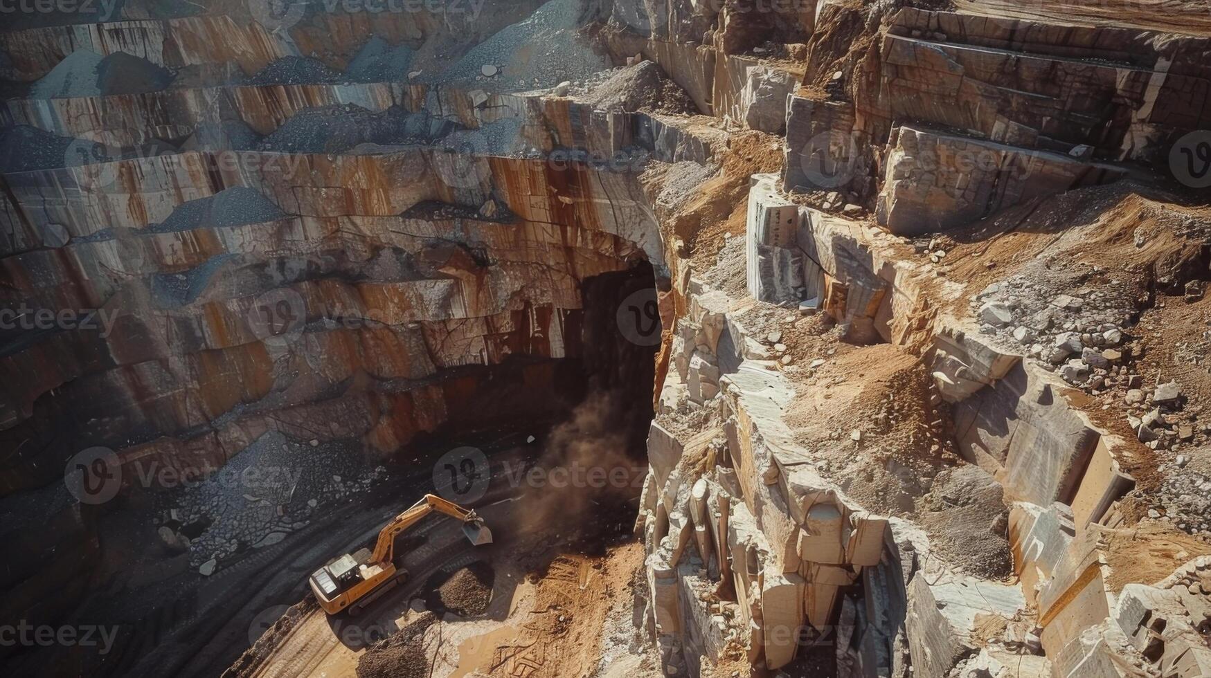 Heavy machinery is actively digging in a quarry, revealing layers of rock and soil while producing dust and debris in bright daylight. The impressive scale illustrates mining operations. photo