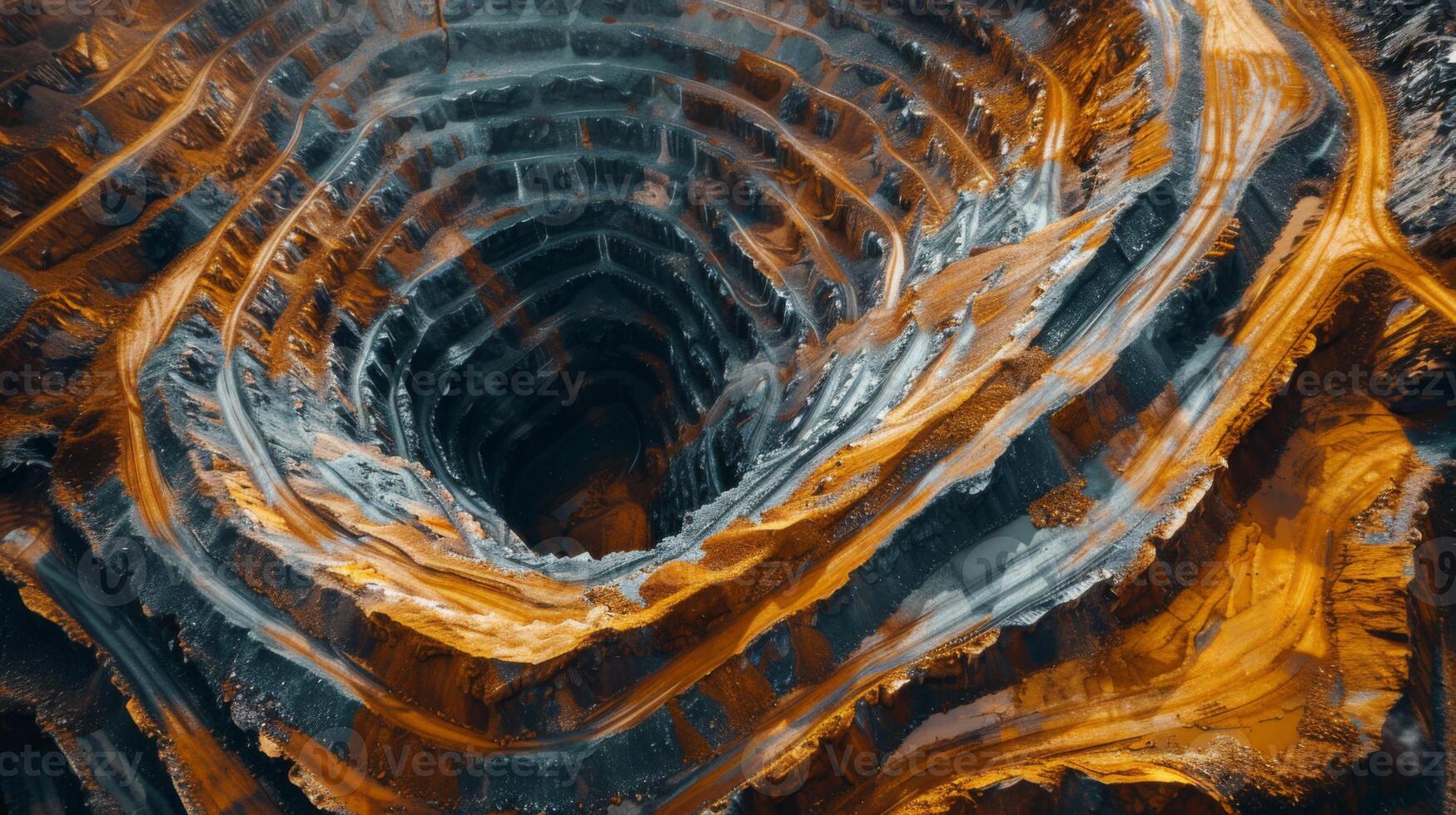 A large mining pit reveals deep layers of soil and rock. Intricate patterns swirl with contrasting orange and gray colors, illuminated by the warm light of sunset. photo