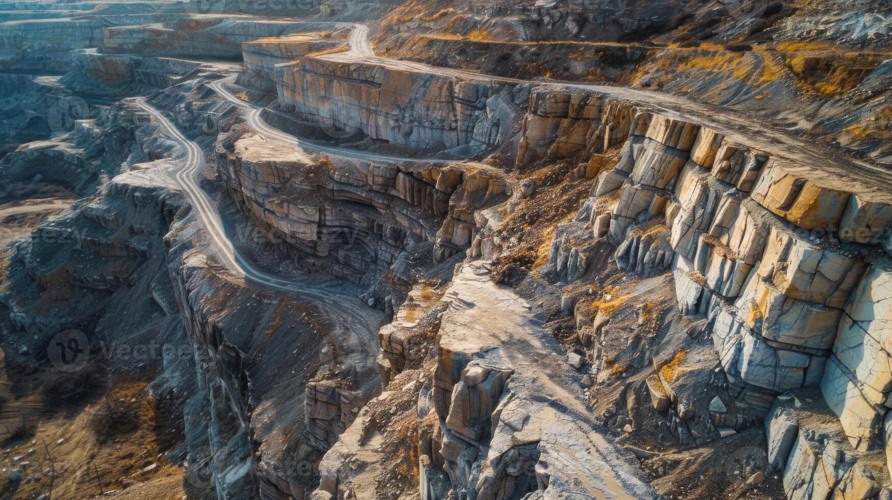 A breathtaking view of a rocky quarry features steep cliffs and winding roads. The landscape is marked by rugged terrain and natural rock formations under clear blue skies. photo
