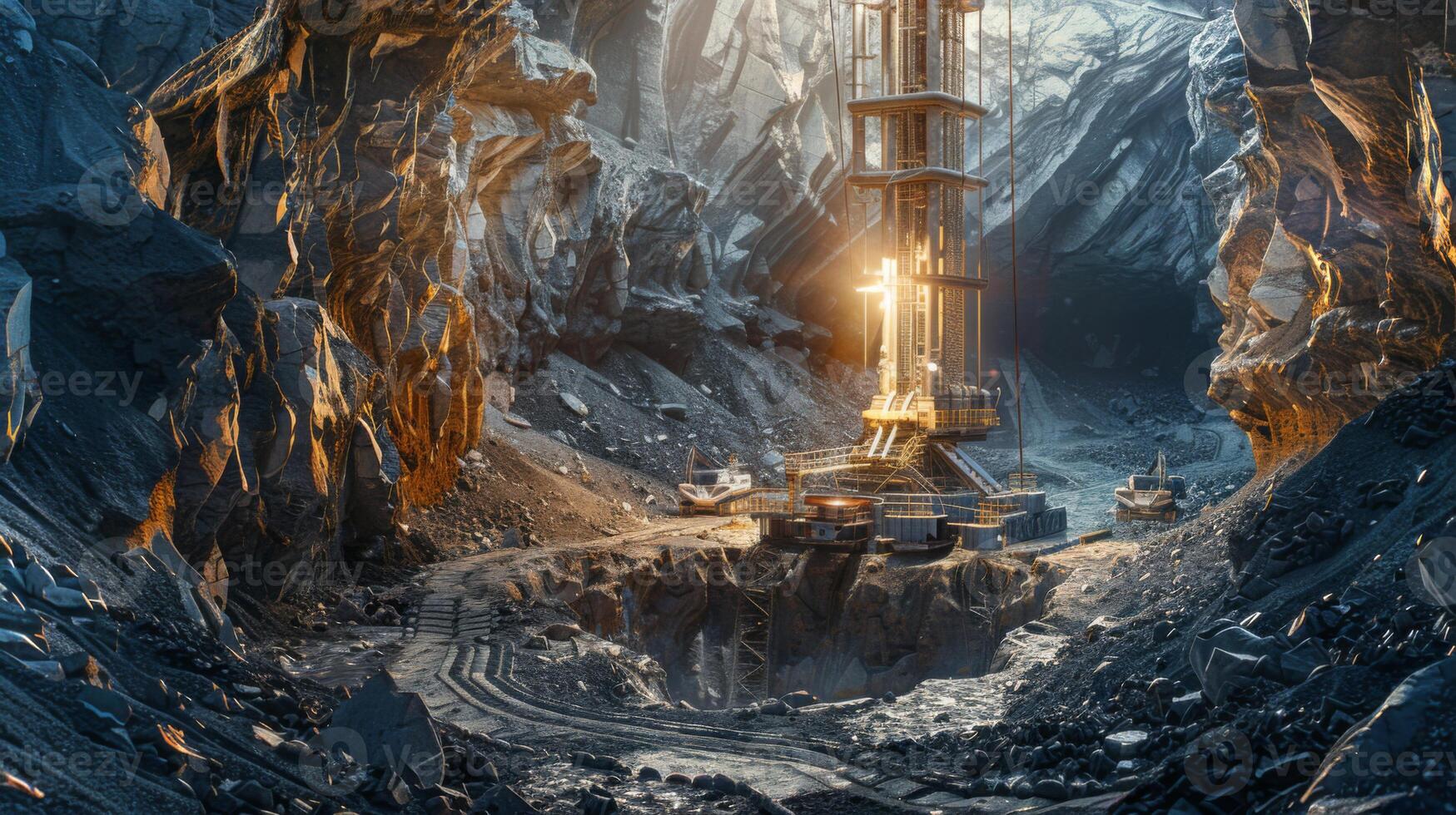 Bright sunlight streams into a vast quarry, highlighting an enormous mining rig surrounded by rocky walls. Heavy machinery stands by, ready for excavation work in the deep chasm. photo