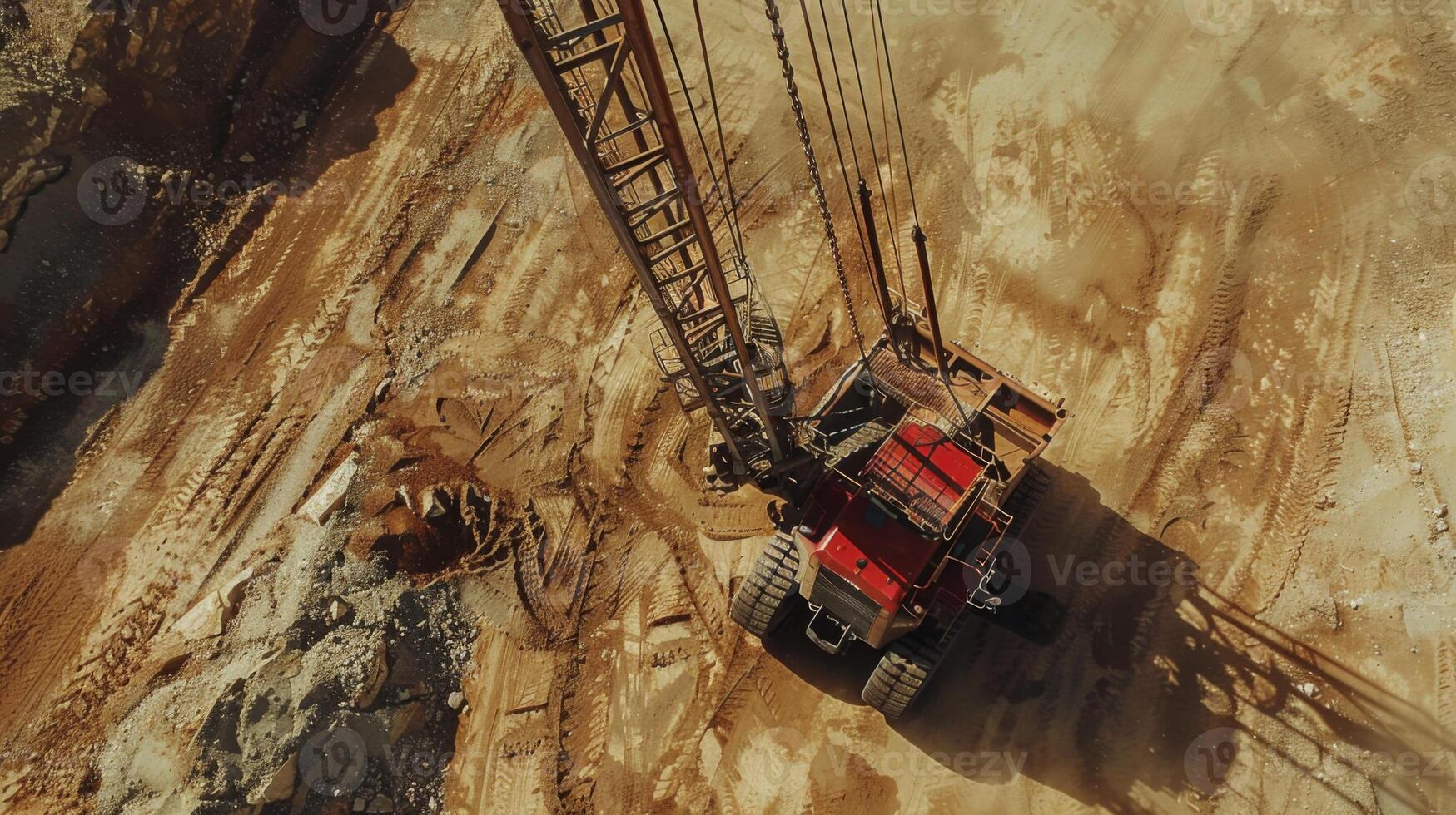 A large excavator is positioned at a construction site, with tire tracks and earth visible around. Workers are preparing for upcoming construction activities under clear blue skies. photo