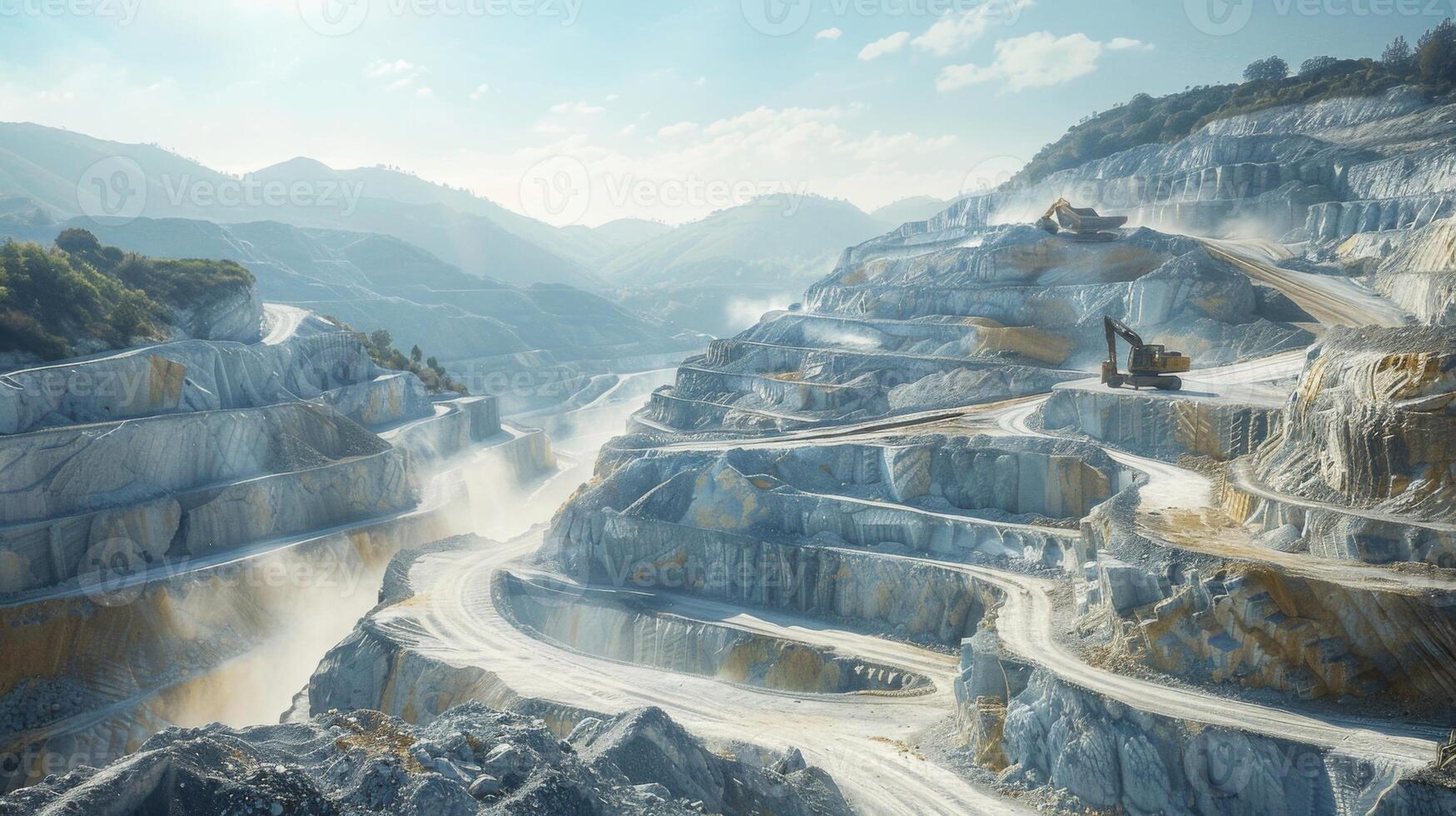 A marble quarry is visible with heavy machinery working on the slopes, surrounded by steep, rocky mountains. Sunlight illuminates the layers of stone creating a dramatic effect. photo