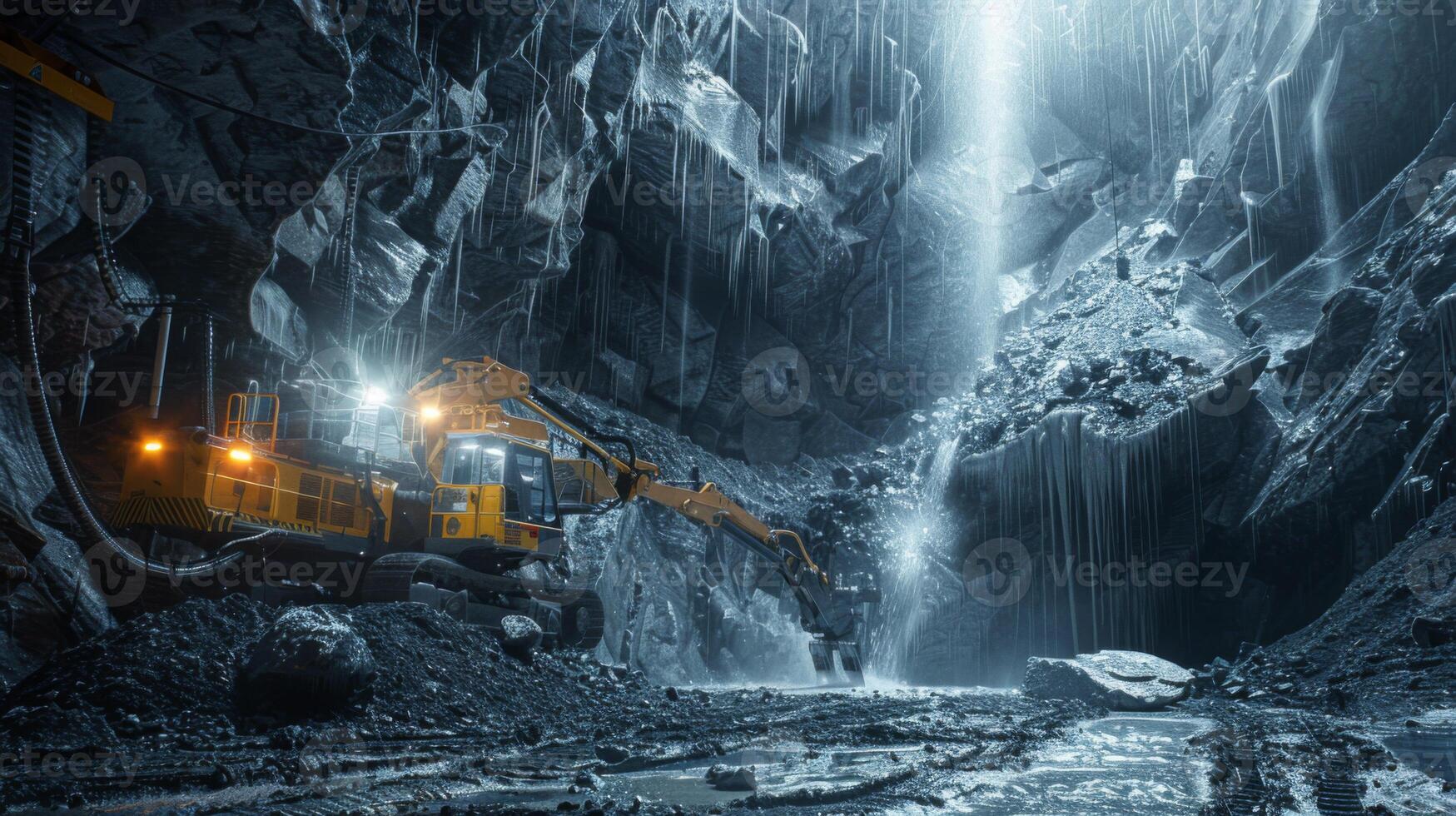 Large excavators work diligently in a deep quarry, surrounded by towering rock walls. Water flows from above, creating a captivating natural contrast to the industrial landscape. photo