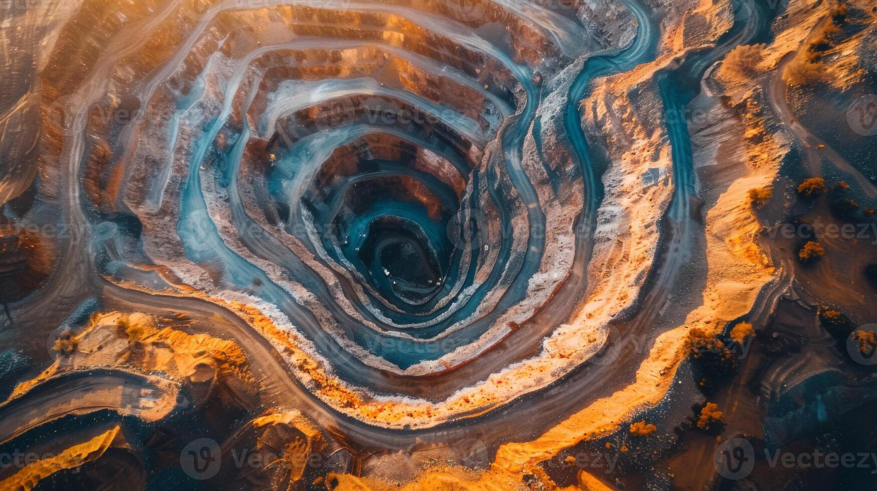 An aerial view of a large open pit mine shows intricate patterns from mining against a natural landscape at sunset, emphasizing the contrast between human activity and nature. photo