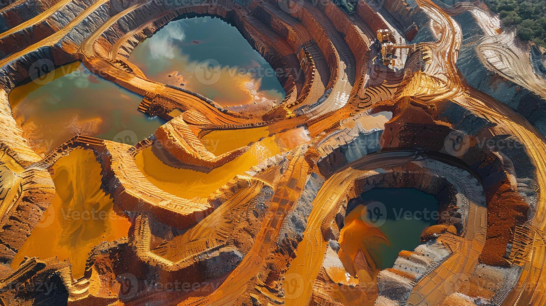 Aerial view reveals the complex structure of an open pit mining operation with deep, colorful pits and pools of water reflecting various hues, illustrating the extraction process. photo