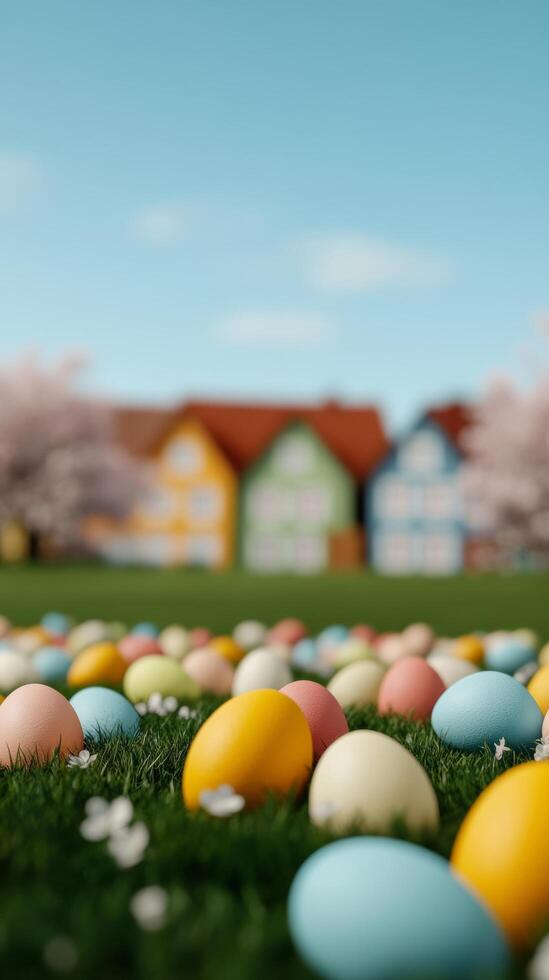 An Easter egg hunt in a German countryside village with colorful eggs hidden in a meadow surrounded by blooming cherry trees and timber framed houses photo