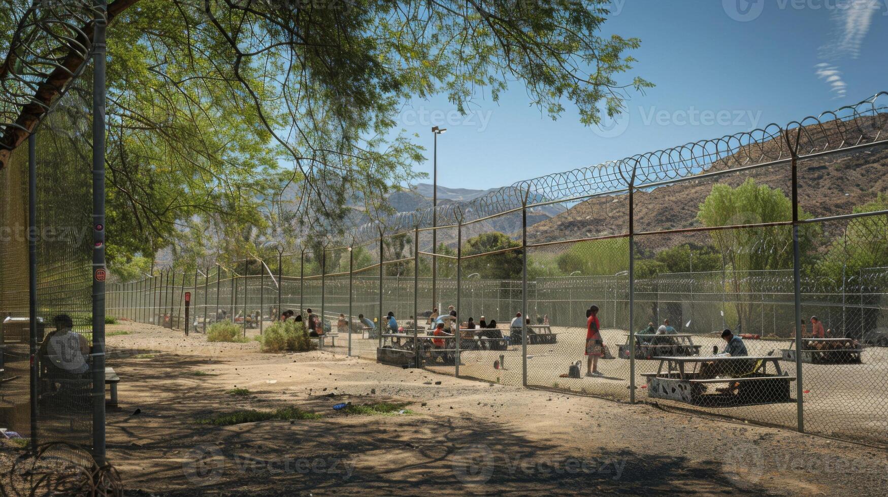 A group of people engages in various activities in an outdoor area enclosed by a tall fence. photo