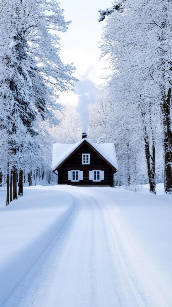 A snowy European forest path with arching tree branches dusted in white leading to a quaint wooden cottage with smoke curling from the chimney photo
