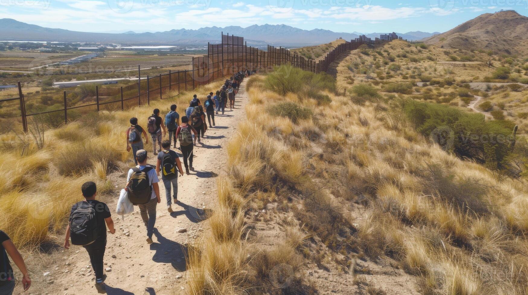 People traverse a dusty trail in a dry area near a border fence, showing determination in their journey under a bright sky with rocky mountains in the distance. photo