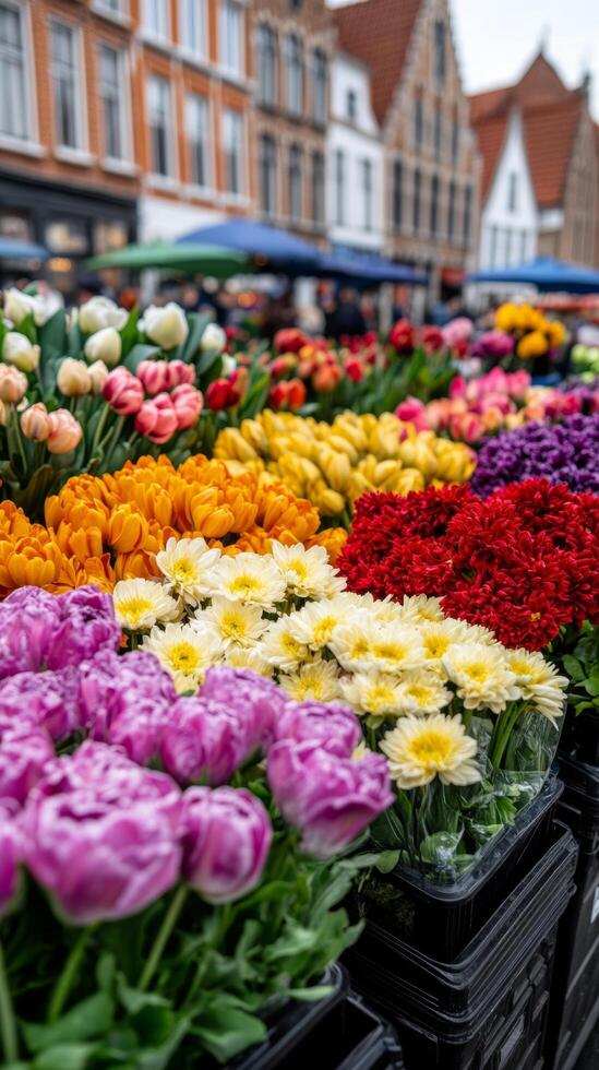 A lively spring market in Bruges Belgium with flower stalls fresh produce and colorful umbrellas set against a backdrop of medieval buildings photo