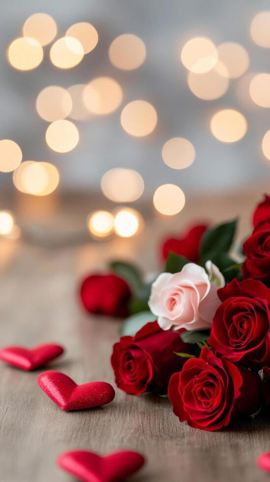 Valentines Day background featuring glowing string lights red and pink hearts and a bouquet of roses resting on a wooden table photo