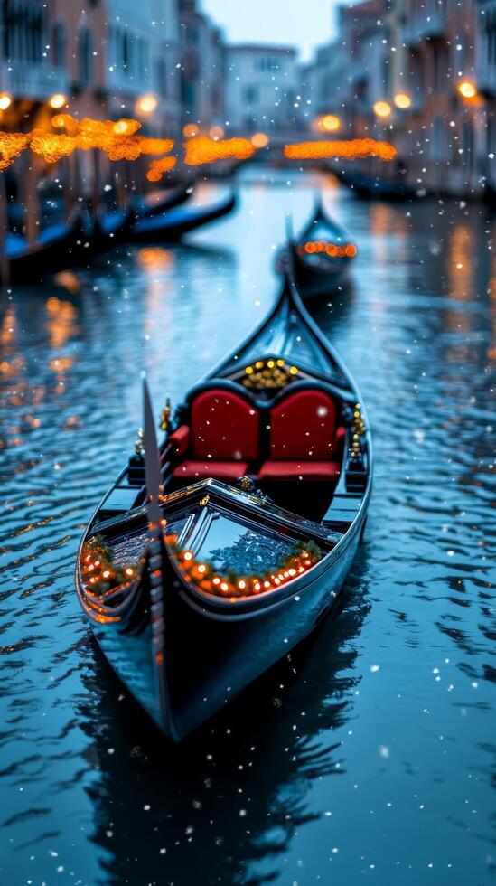 A festive Christmas background in Venice with gondolas decorated in holiday garlands glowing lights strung over bridges and snowflakes drifting onto the canals photo