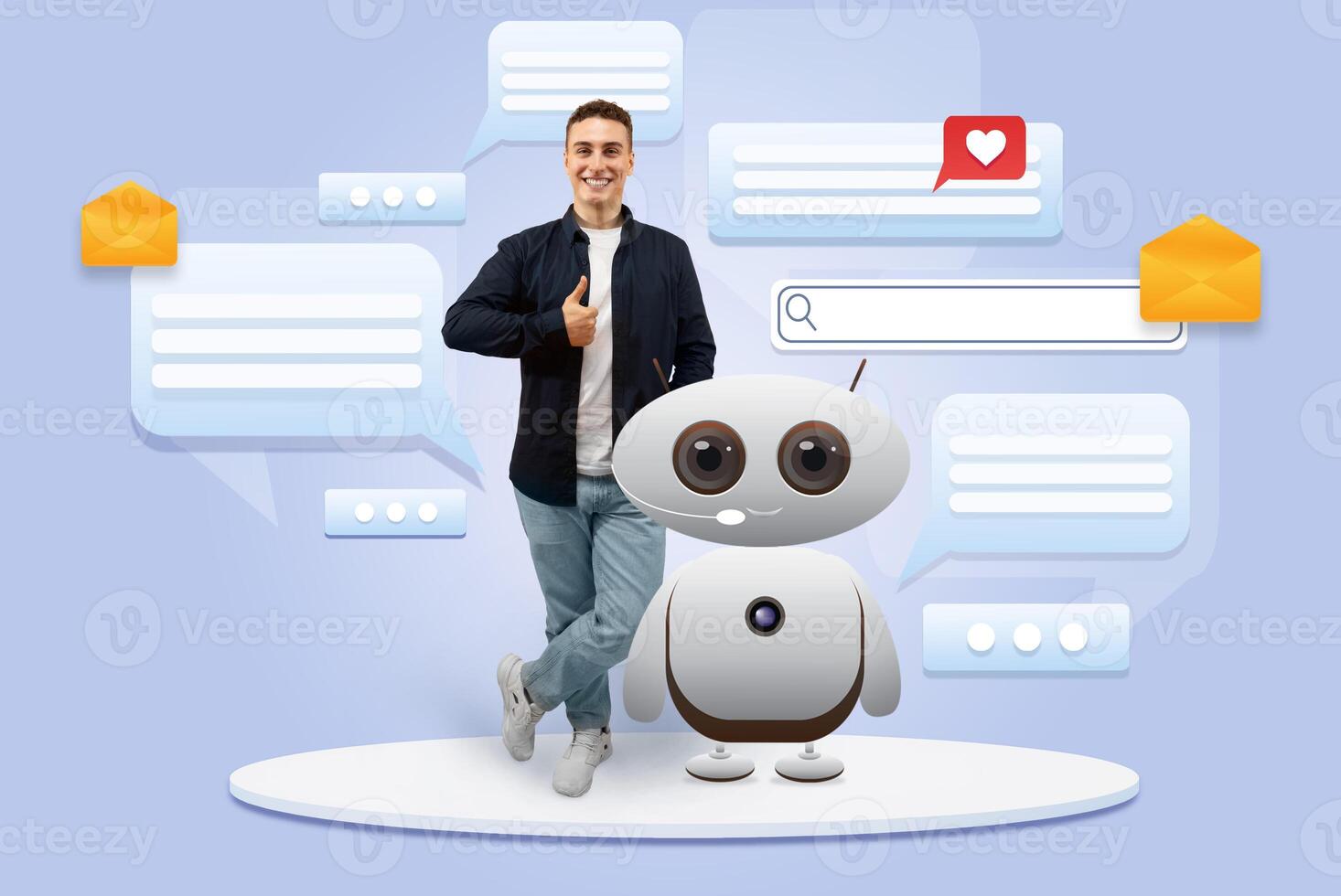 A guy interacts and smiles with a friendly AI assistant in a sleek, digital interface showcasing messages and notifications. The atmosphere is vibrant and tech-focused. photo