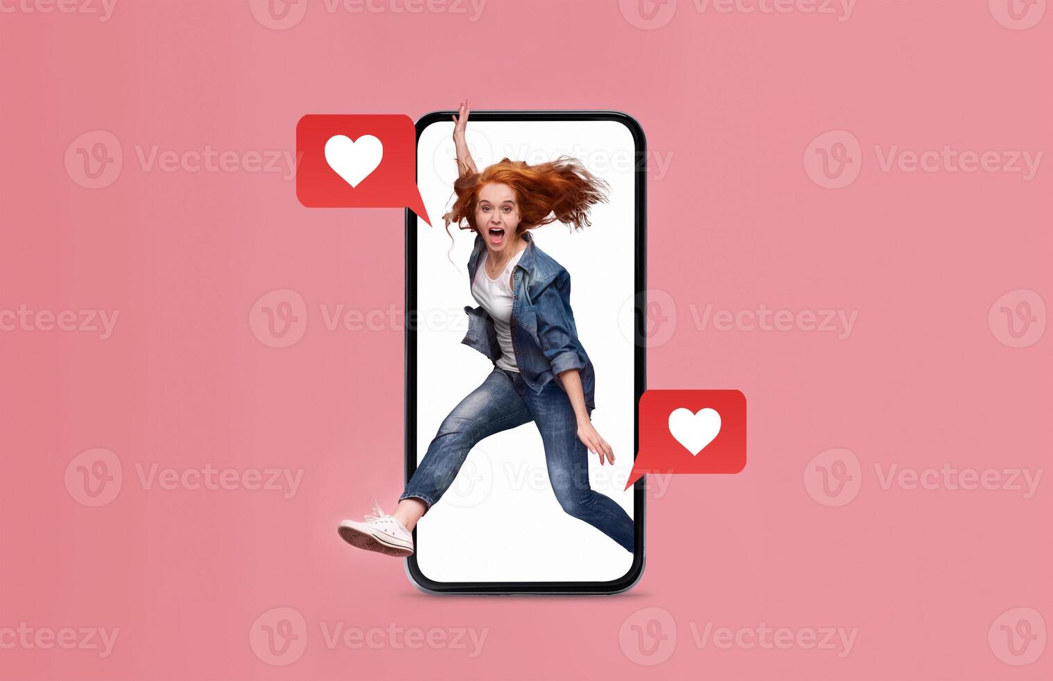 A cheerful girl leaps joyfully out of a smartphone, symbolizing excitement in social media messaging. Red heart icons indicate romantic connections during Valentine's season. photo