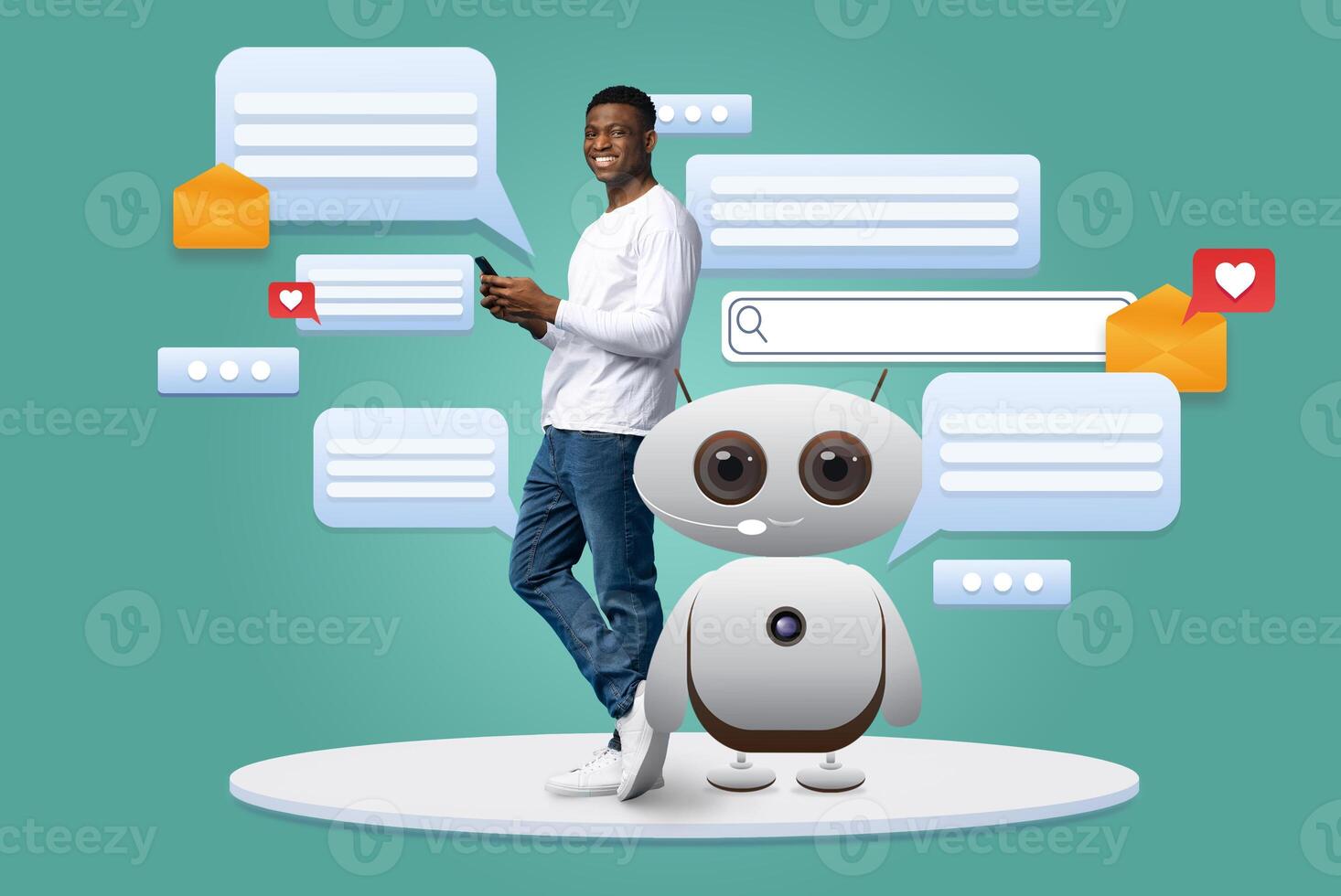 A man interacts with a virtual assistant while standing amidst chat bubbles symbolizing communication. photo