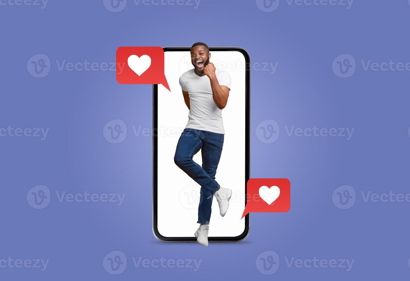 A person joyfully interacts with a smartphone, showcasing the thrill of receiving love messages on social media. The vibrant backdrop adds to the festive mood of Valentine's Day. photo