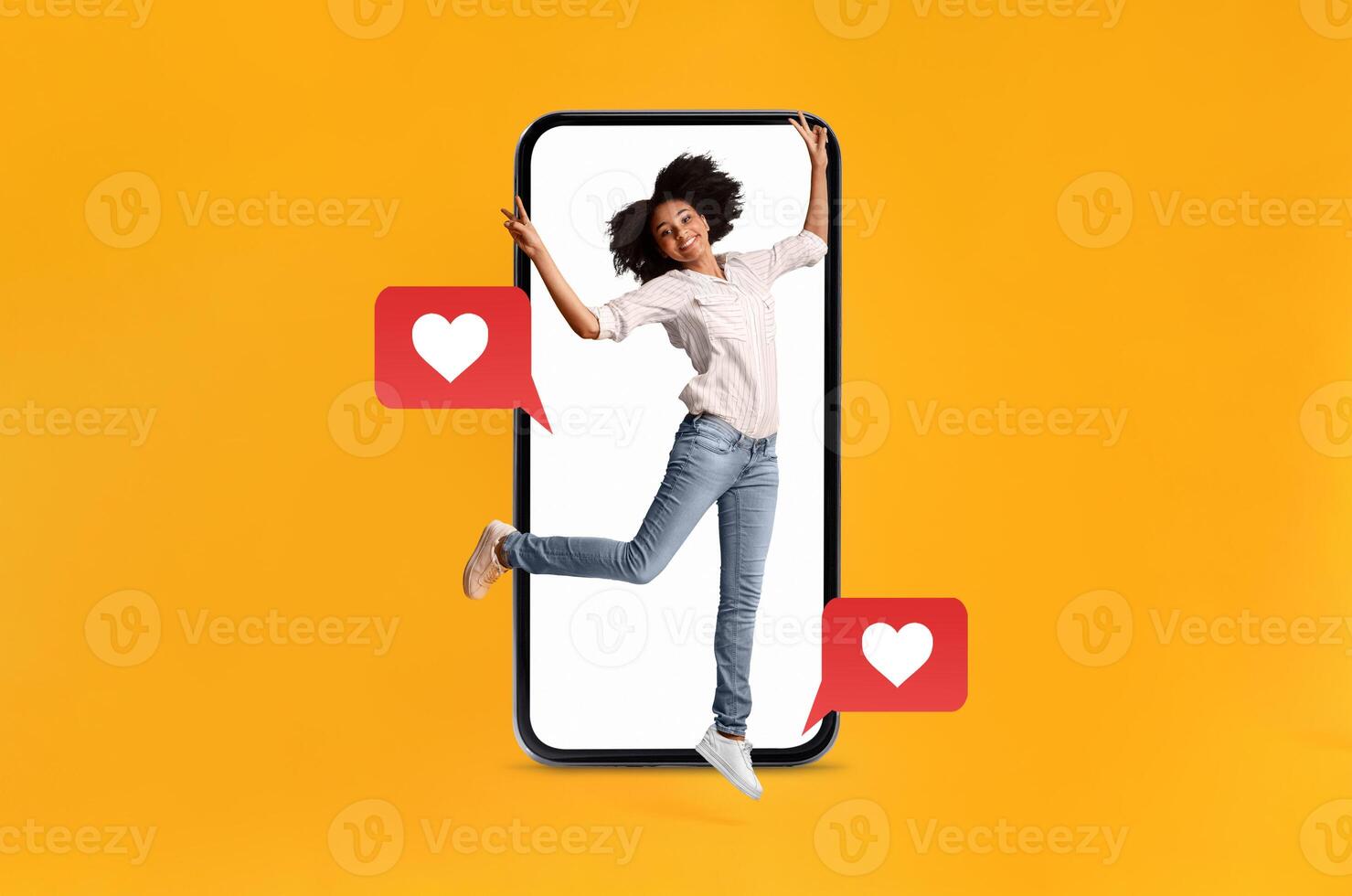 A person joyfully interacts with a smartphone, surrounded by symbols of love and communication. This vibrant setting showcases modern dating and social media connections. photo