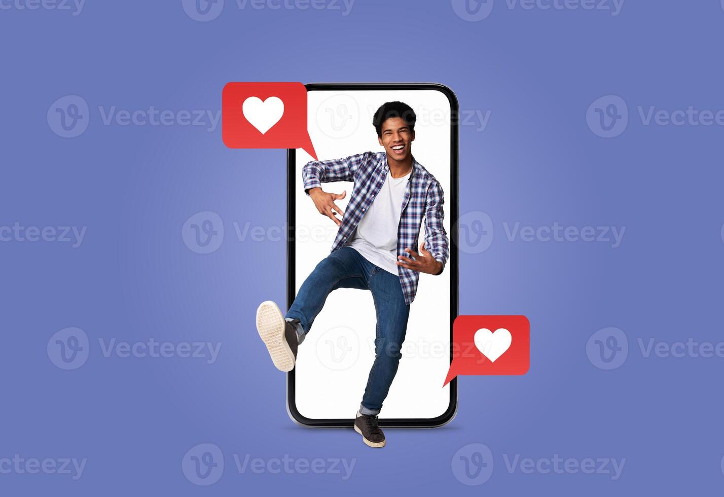 A young person is joyfully interacting with a smartphone showing text messages with heart symbols. This captures the essence of modern dating and social media communication. photo