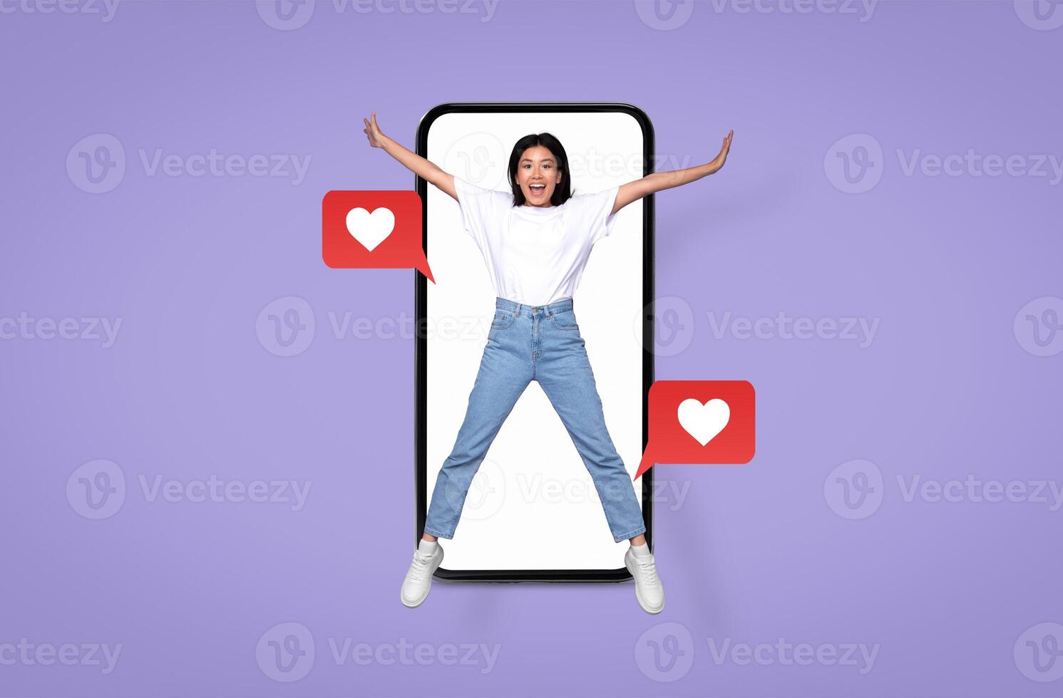 A cheerful person stands with arms wide open, excited about smartphone technology. Heart icons indicate messages of affection, celebrating love and social media engagement in a vibrant setting. photo