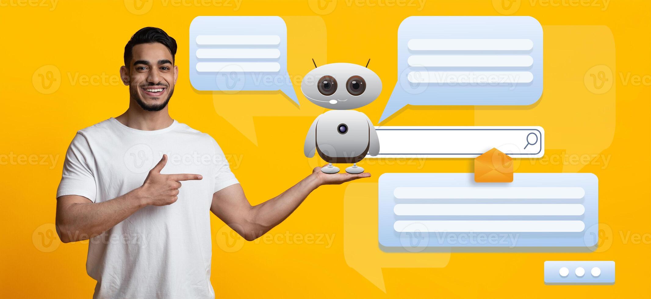 Man smiles while holding a small robot on his hand. Chat bubbles float around, representing communication with an AI assistant. This modern portrayal showcases the advancements in technology. photo