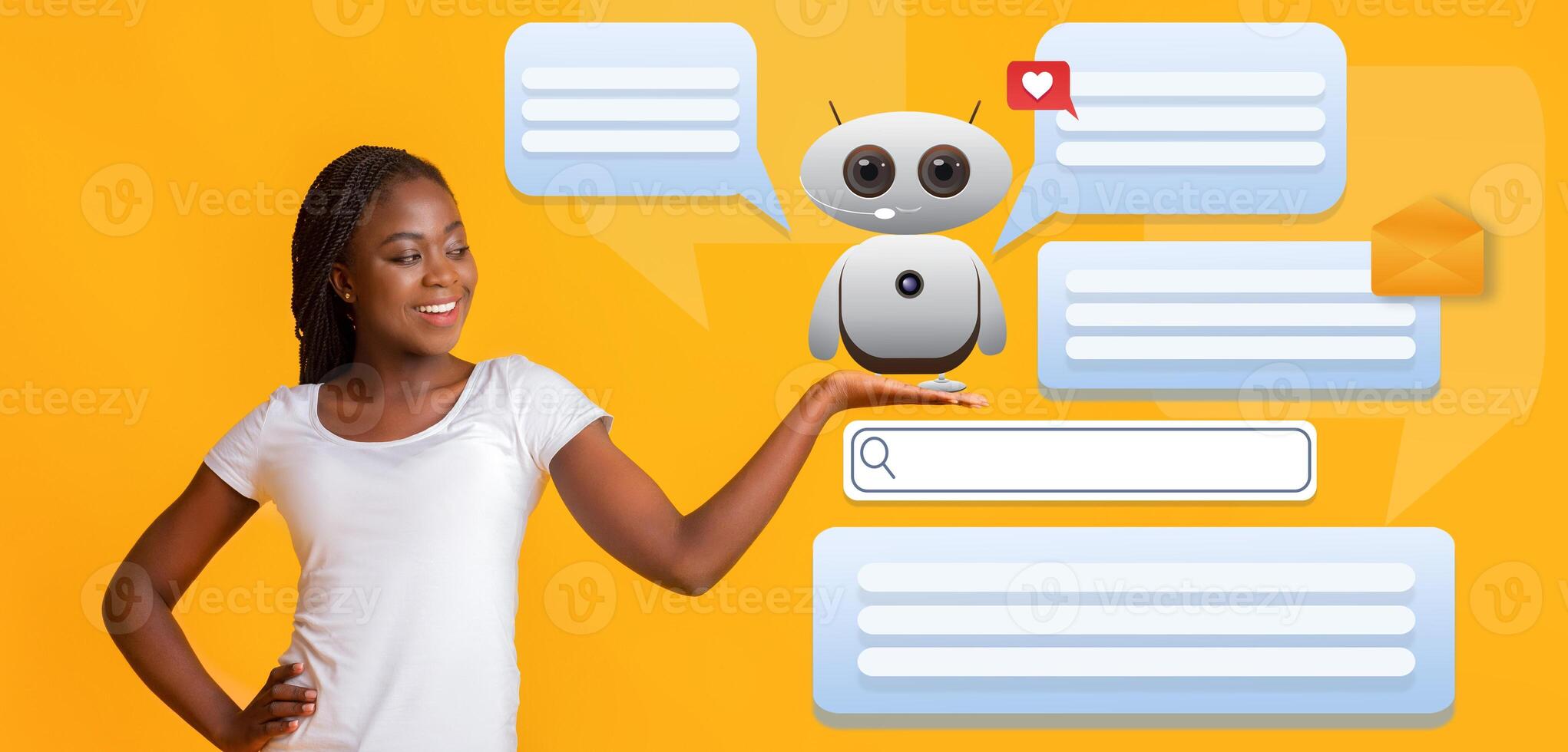 A woman interacts with a friendly AI assistant, showcasing modern technology's role in daily life. The bright backdrop enhances the atmosphere of innovation and virtual assistance. photo