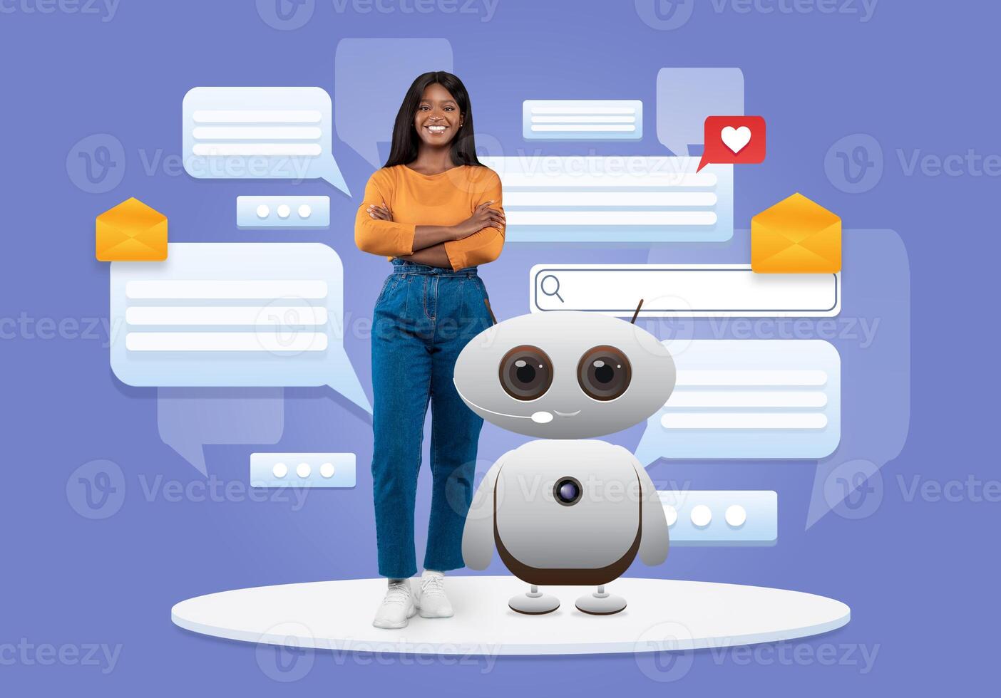African American woman stands confidently next to a friendly robot, symbolizing the collaboration between humans and AI. photo