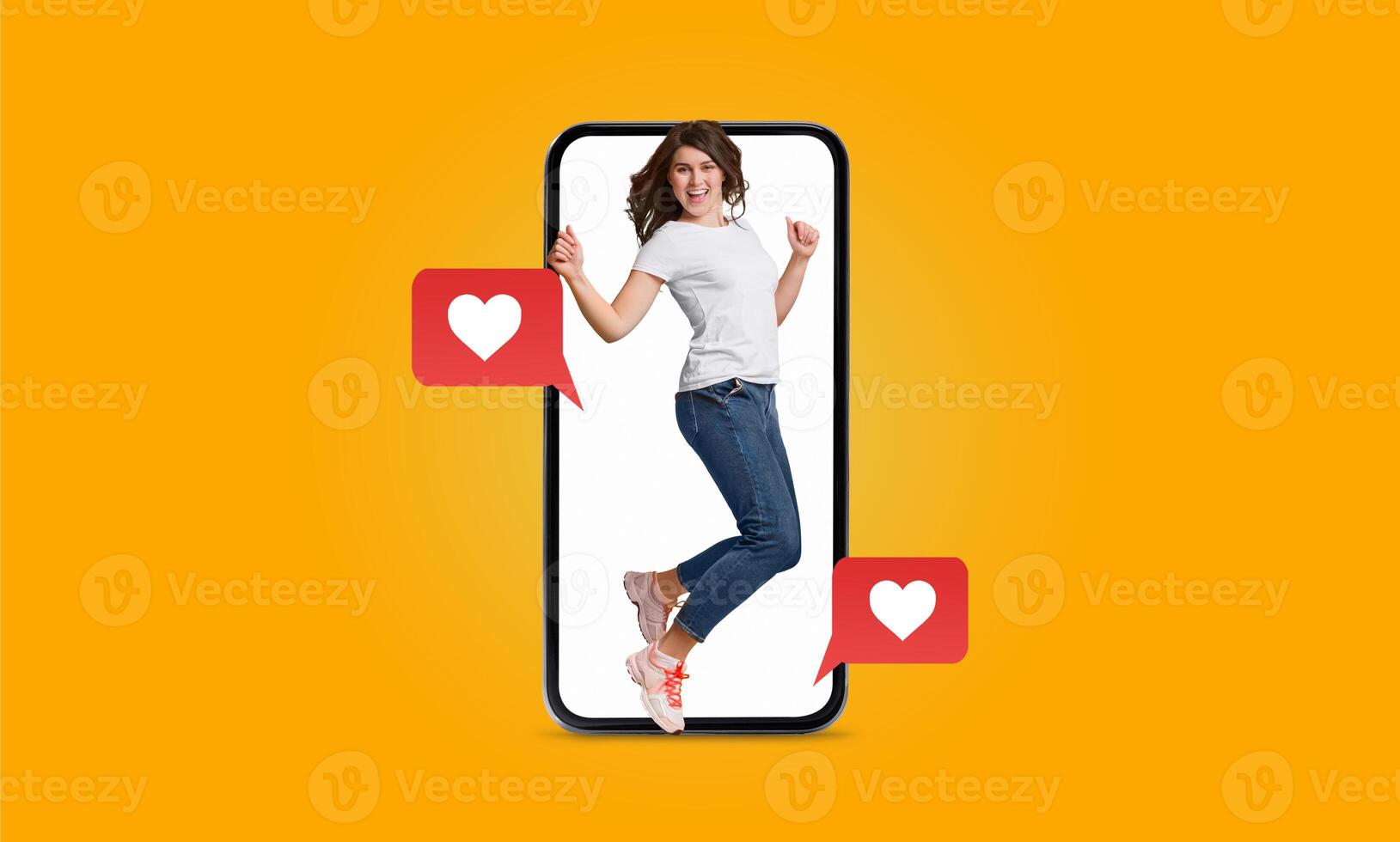 A person joyfully interacts with a smartphone featuring heart icons, symbolizing connection and affection in dating. This represents the impact of social media on relationships today. photo