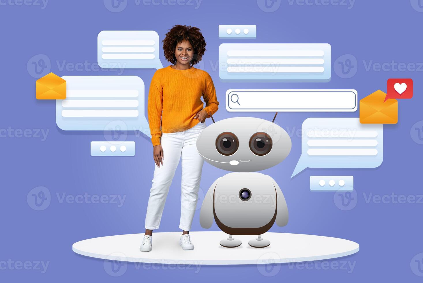 A woman in an orange sweater stands next to a friendly robot on a light blue background. photo