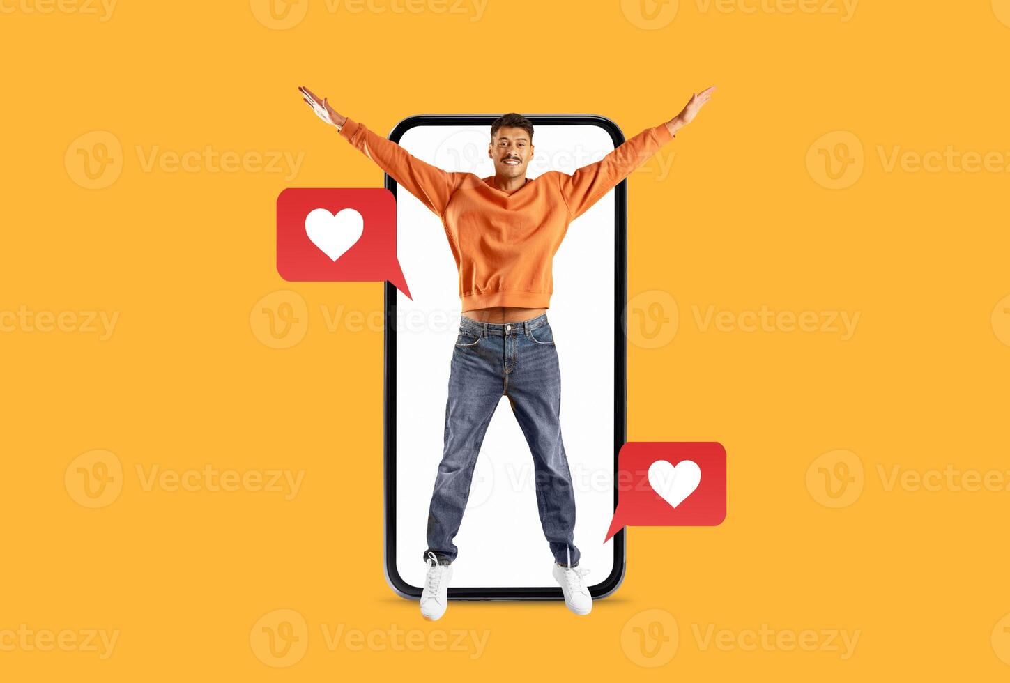 A person joyfully engages with their smartphone, surrounded by love-themed messages. The bright backdrop emphasizes the excitement of connecting with others on Valentine's Day. photo