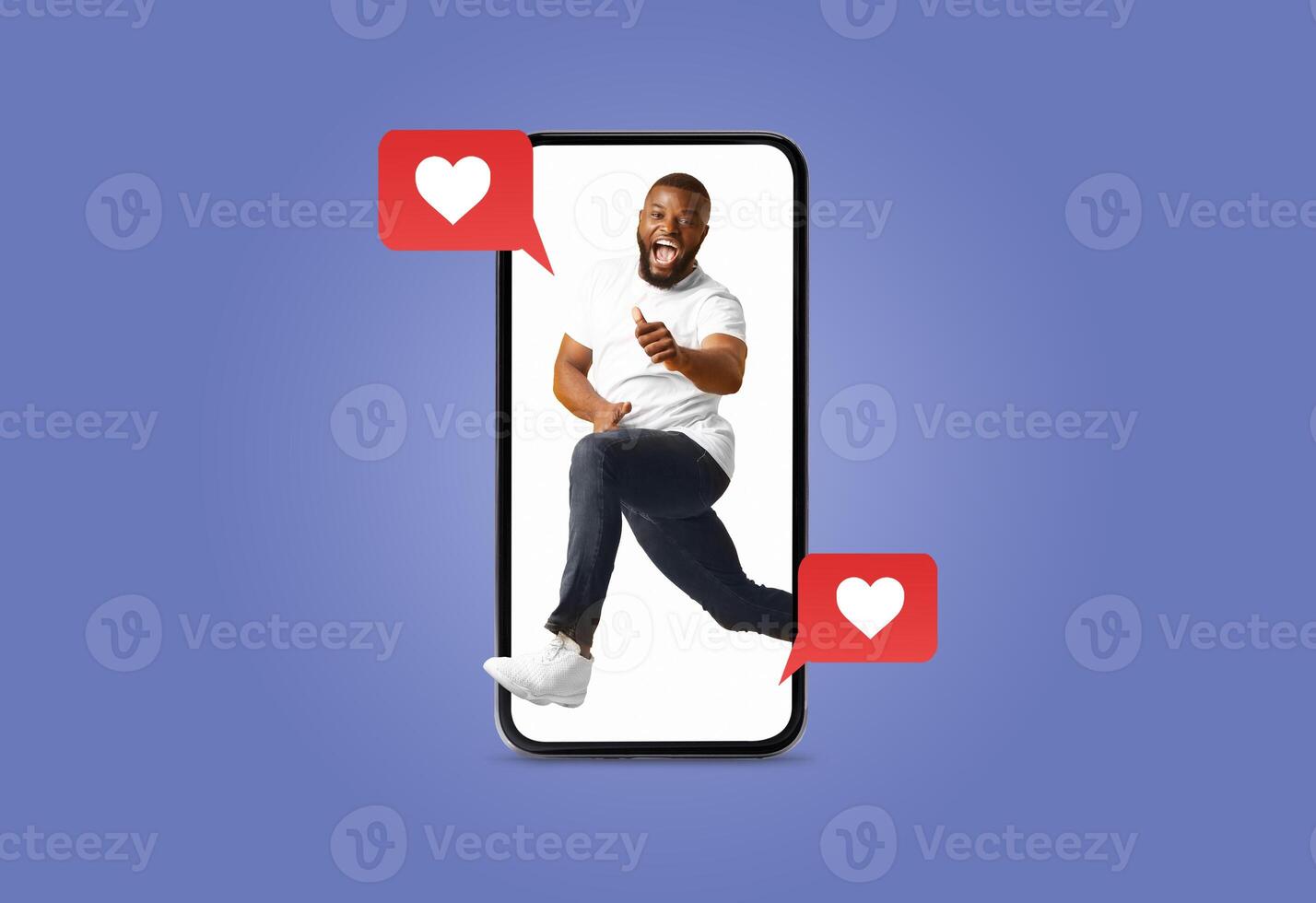 A joyful individual leaps out of a smartphone screen, symbolizing the excitement of social media connections on Valentine's Day. photo